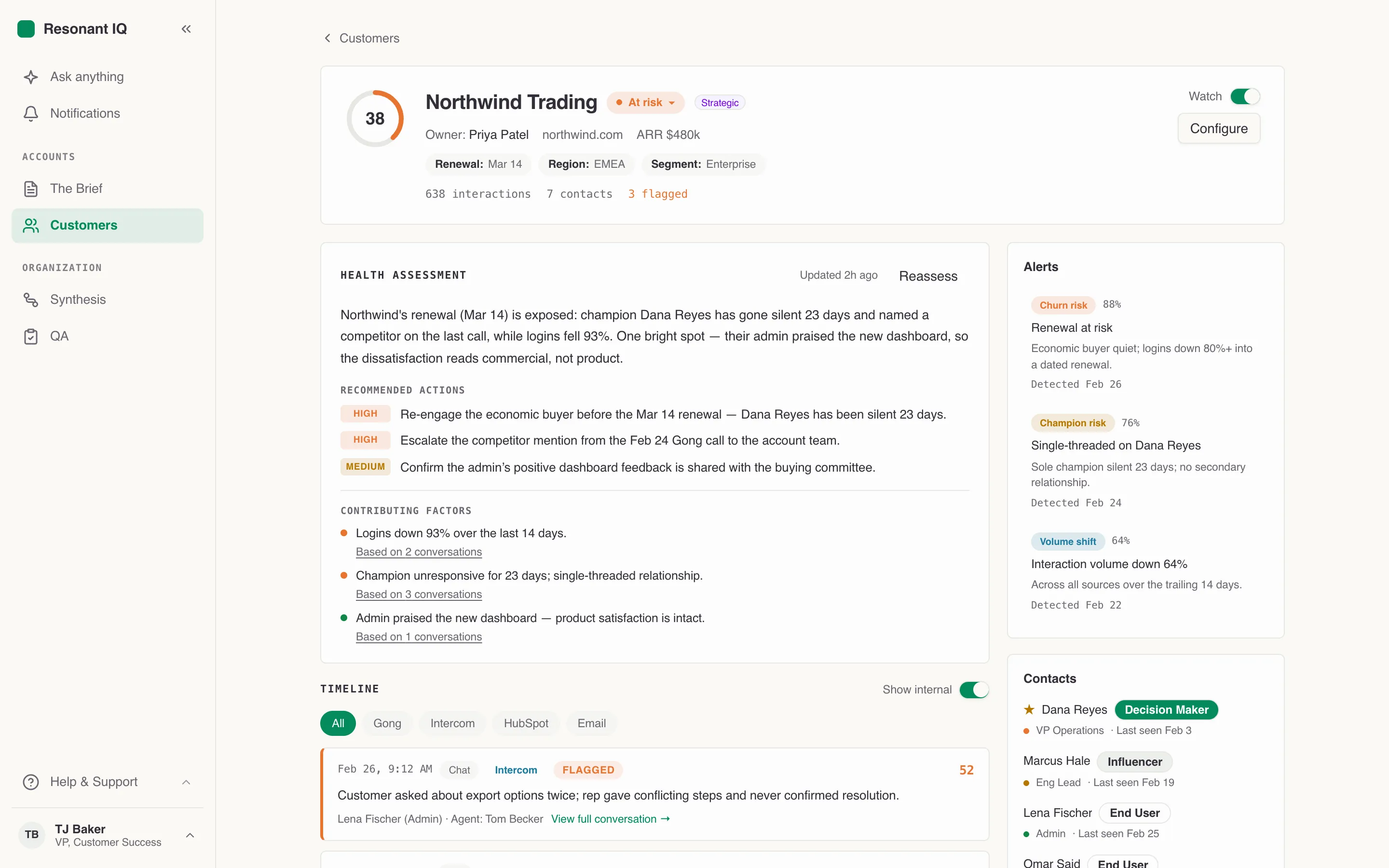 Customer Detail in Resonant IQ — one account's health assessment, recommended actions each traced to the conversations behind them, and a unified timeline stitched from every connected source.